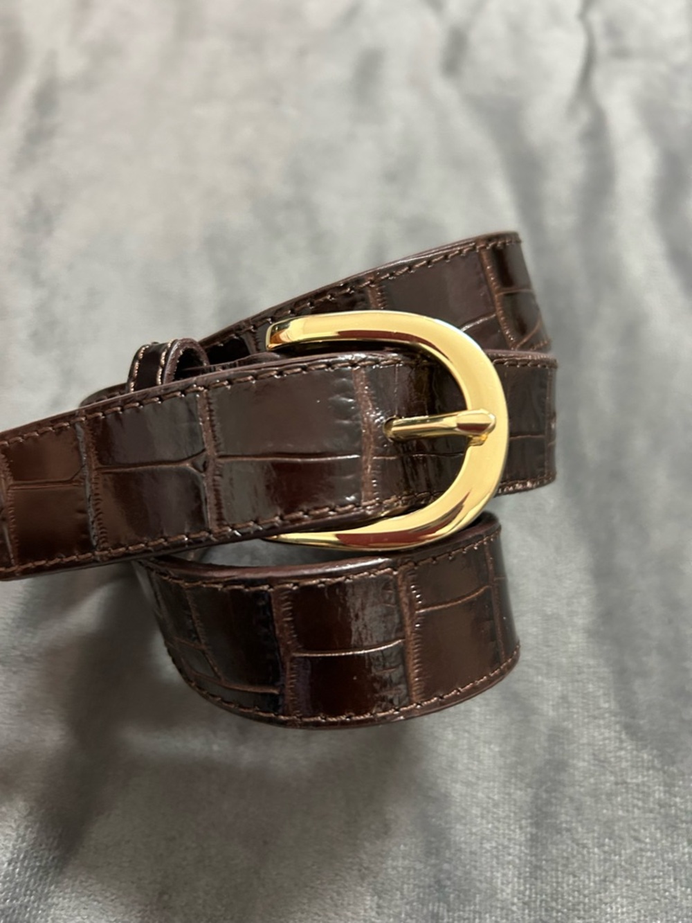 J. Crew Croc-Embossed Leather Belt in Dark Brown Espresso with Gold Buckle